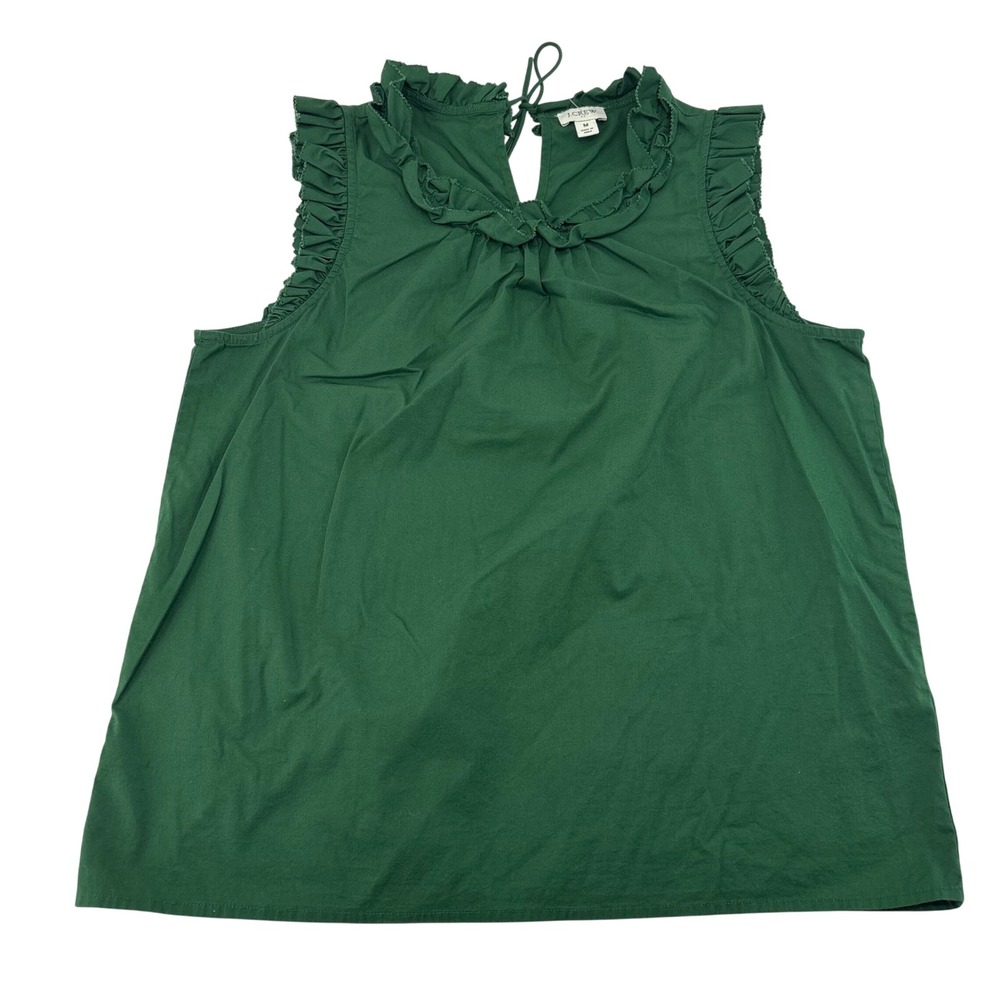 J.Crew Womens Forest Green Ruffle Neck Sleeveless Blouse Size M Tie Back Top